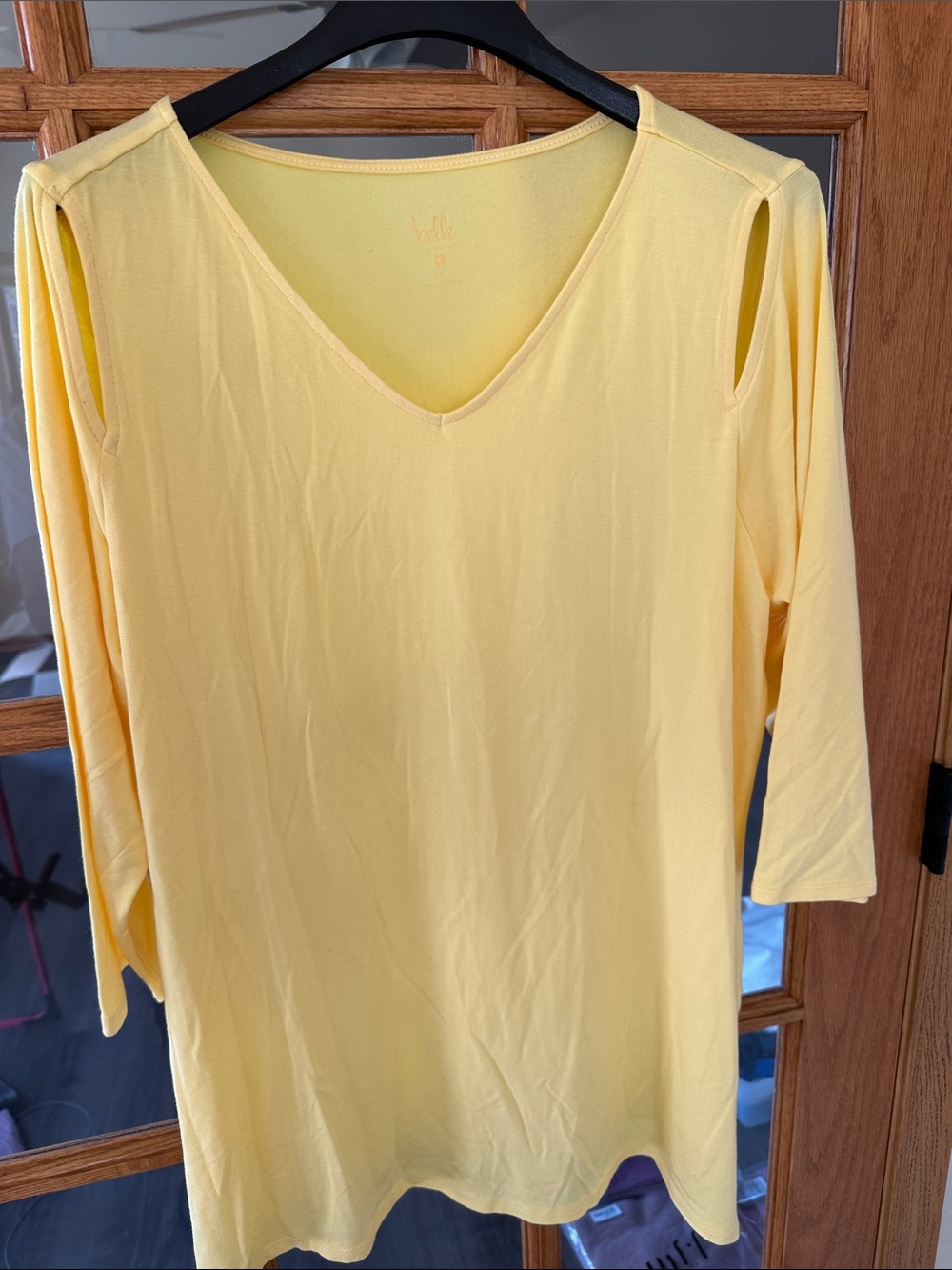 Belle by Kim Gravel Yellow Cold-Shoulder V-Neck Long Sleeve Top